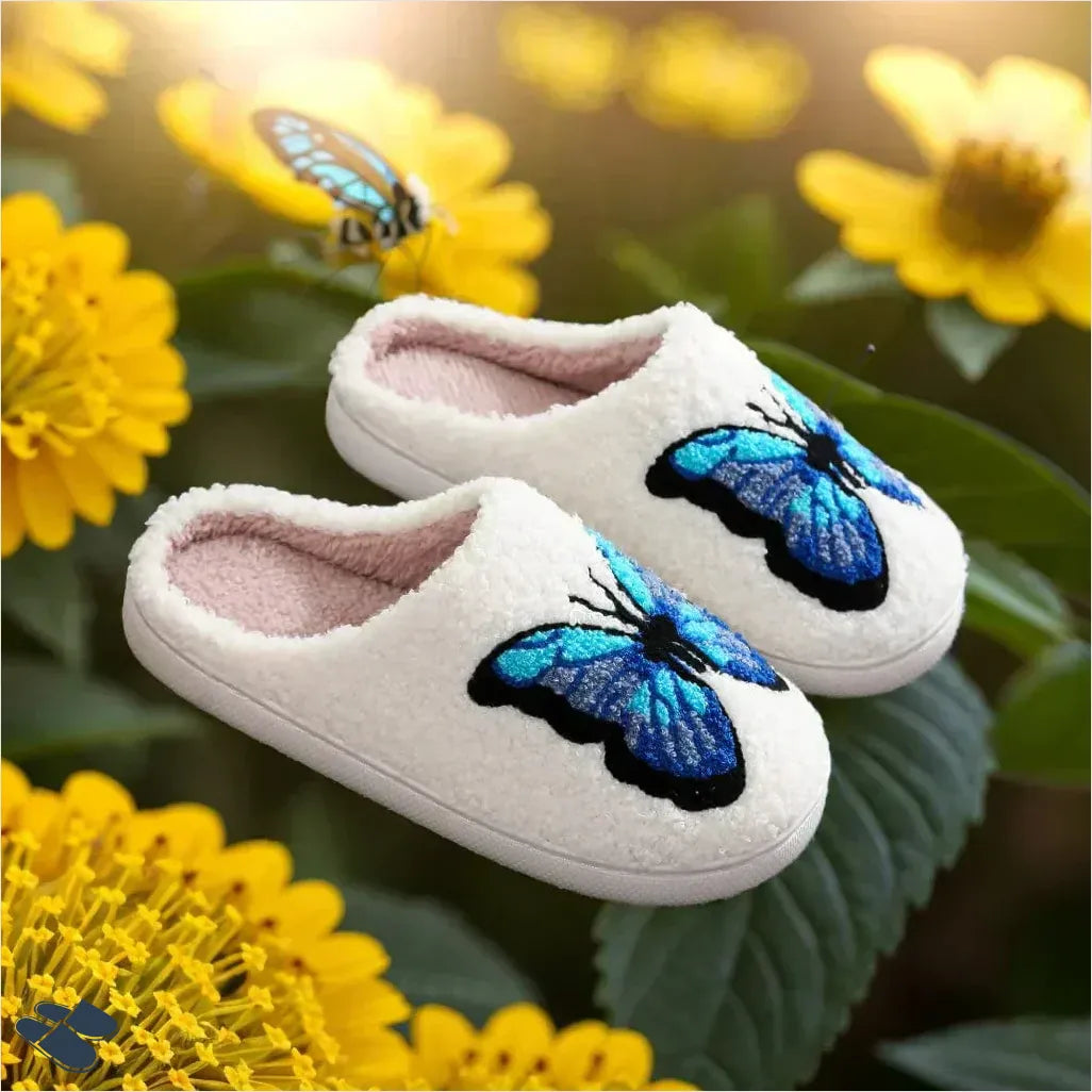 Chaussons Femme Motif Papillons - Blanc/Bleu / 35-36 - Chaussons